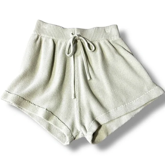 Lily High Waist Mint Green/Cream Elastic Waist With Drawstring Knit Micro Shorts - Picture 1 of 11